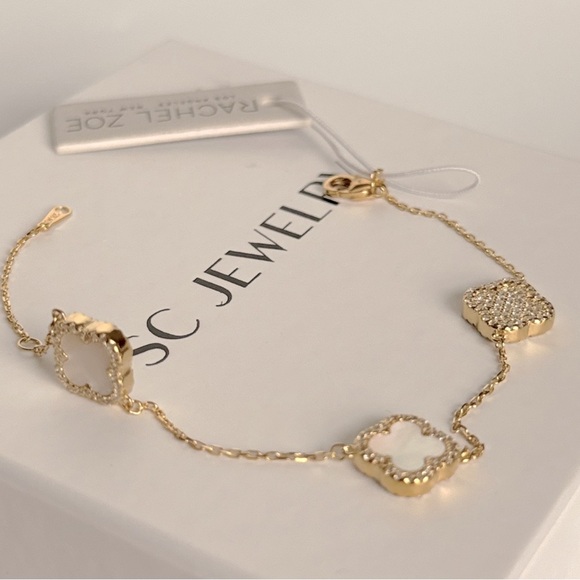 Rachel Zoe Clover Bracelet Mother of Pearl &Cubic Zirconia 925 Sterling Silver - Picture 3 of 8